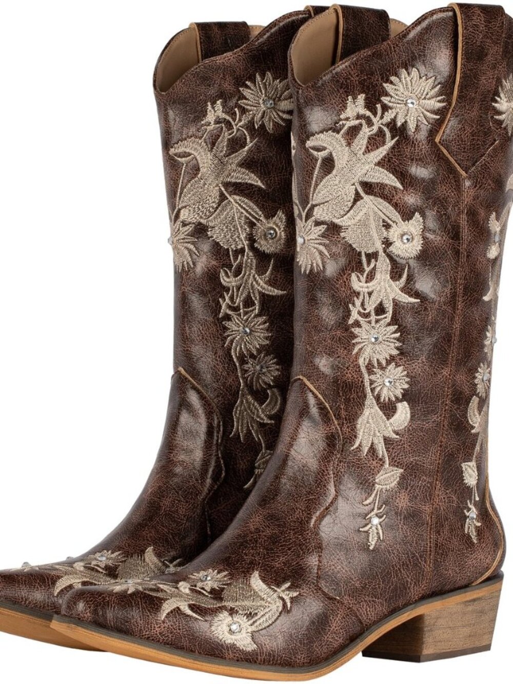 Women's Floral Embroidery Western Cowgirl Cowboy Boots Mid Wide Calf Country